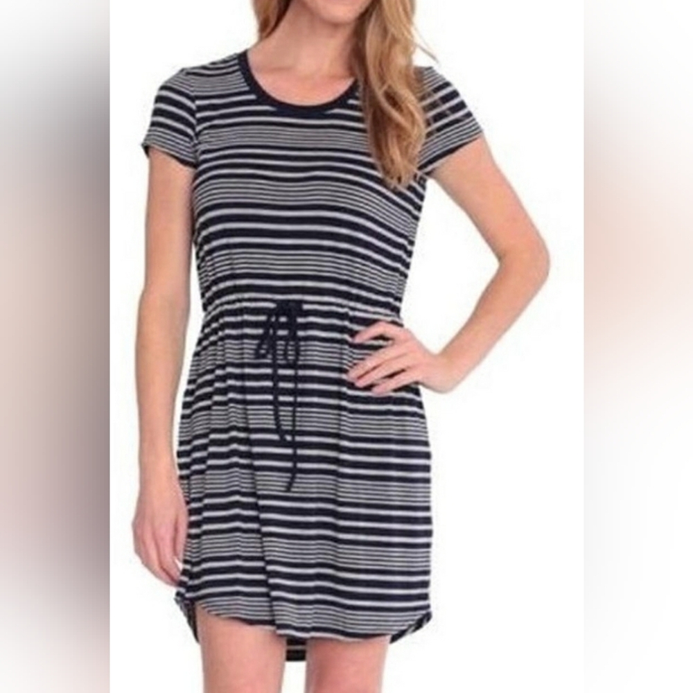 Olive & Oak Women's Navy & Gray Stripe Drawstring Waist Shirt Dress, Size M - Picture 2 of 16